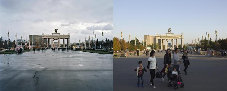 Ives Maes has re-photographed archival images as well as his own pictures, taken in 2009 and 2013, from the “All Union Agricultural Exhibition”. These former images are juxtaposed with new photographs taken during the build-up of the Moscow Biennial. 